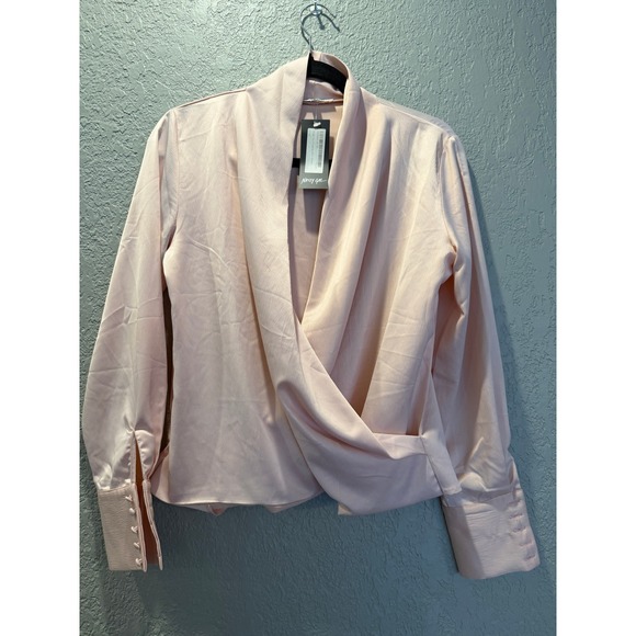 Nasty Gal Blush Pink Satin Drape Plunging Long Sleeve Blouse Shirt Top S - Picture 6 of 9